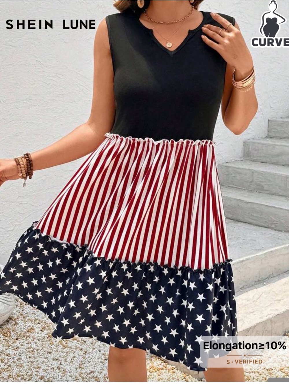 Shein Lune Sleeveless USA Flag Print Tiered Dress - Black, Red, White, Navy